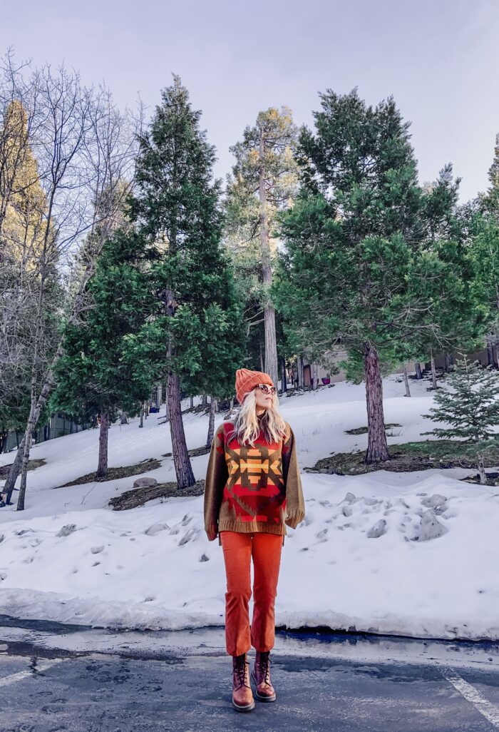 cute winter style, winter outfits in the snow, lake arrowhead, monochromatic outfit, rust and brown outfit, docs, winter outfit with dr martens, shearling coat, cropped pants, rust and brown outfit