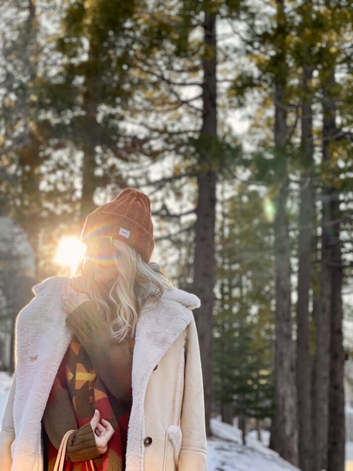 cute winter style, winter outfits in the snow, lake arrowhead, monochromatic outfit, rust and brown outfit, docs, winter outfit with dr martens, shearling coat, cropped pants, rust and brown outfit