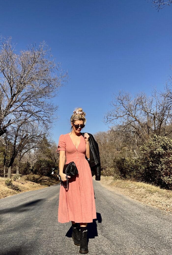 free people love of my life dress in pink, pink midi dress, pink free people dress, dress with docs, dr martens, lake arrowhead, deserted road, street style, spring style