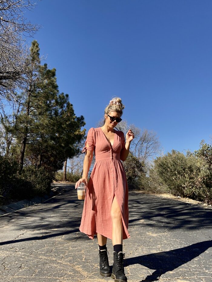 free people love of my life dress in pink, pink midi dress, pink free people dress, dress with docs, dr martens, lake arrowhead, deserted road, street style, spring style