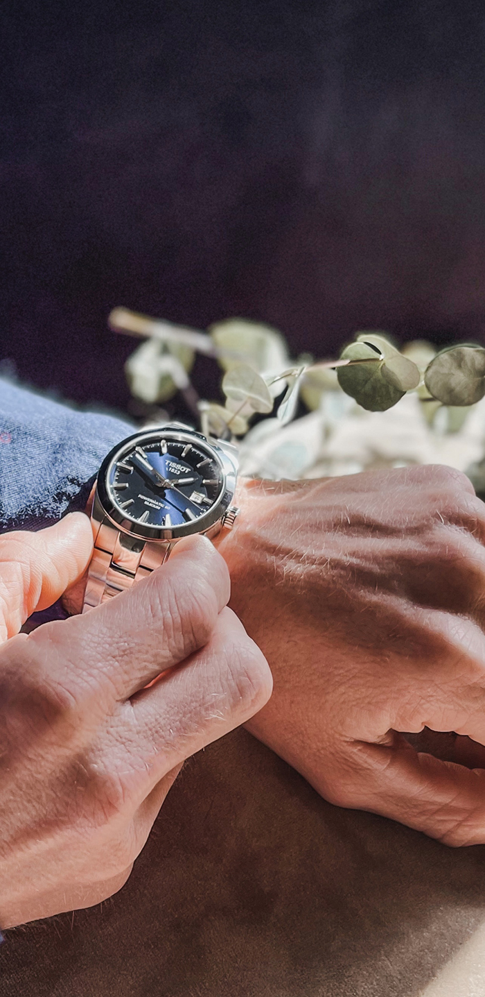 men's rolex style watch, silver mens watch with navy blue face, mens hands