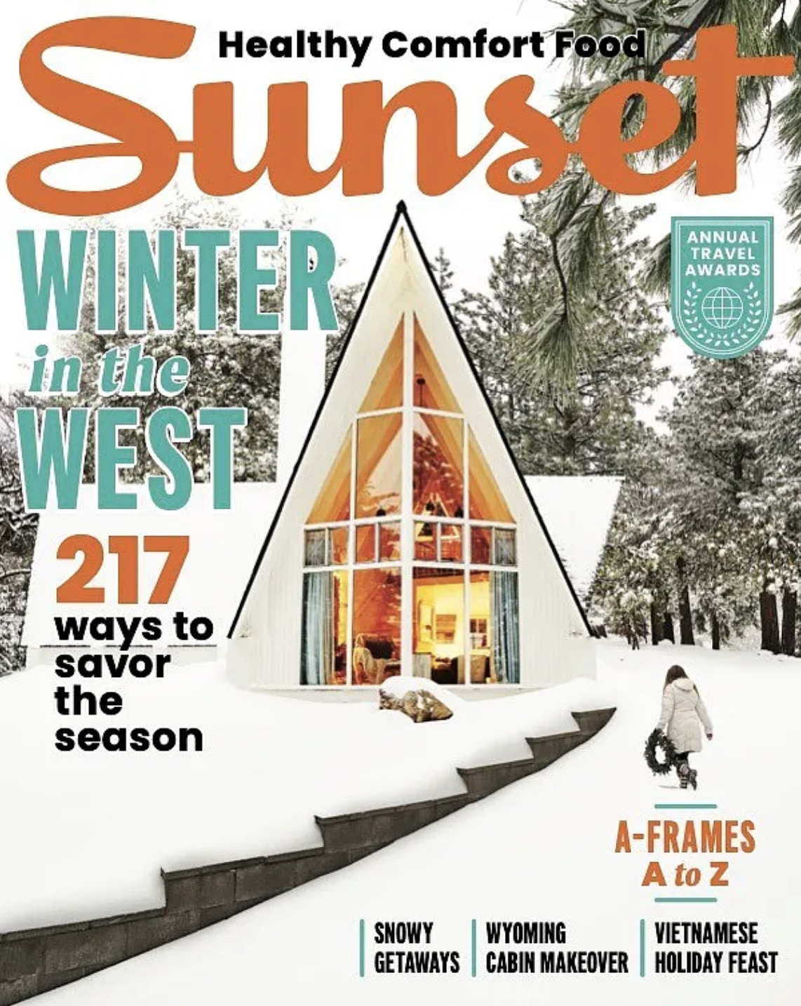 cover of sunset magazine, winter wonderland, a-frame cabin in the snow, white a-frame cabin, lake arrowhead, california mountain homes