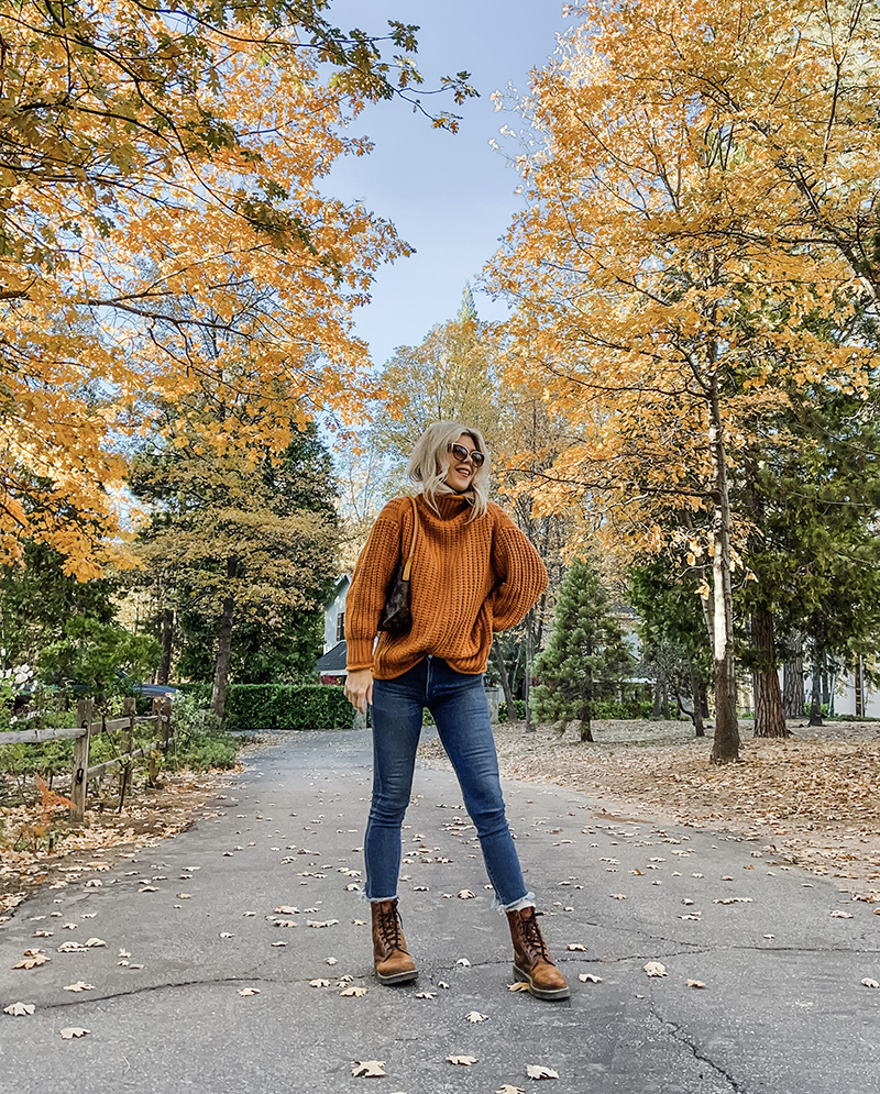 basic fall style, rust turtleneck skinny cropped jeans, dr martens boots, autumn colors, fall leaves