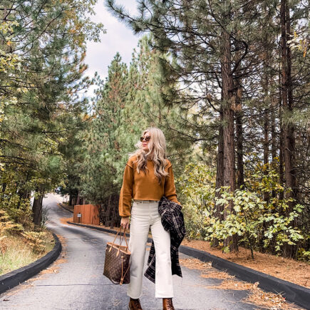 casual fall style in brown and ivory tones with ivory white jeans and brown doc martens boots a plaid coat and louis vuitton never full bag