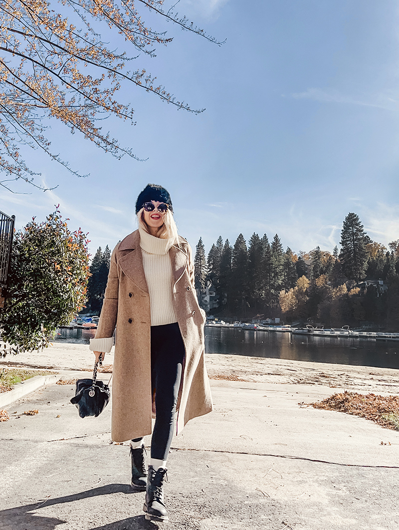 casual chic fall style in dressed up leggings look with long wool coat in neutral colors