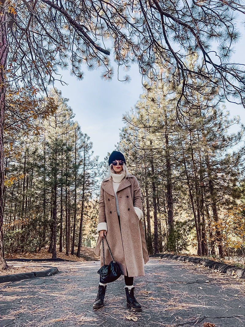 casual chic fall style in dressed up leggings look with long wool coat in neutral colors