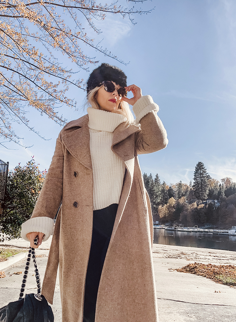 casual chic fall style in dressed up leggings look with long wool coat in neutral colors