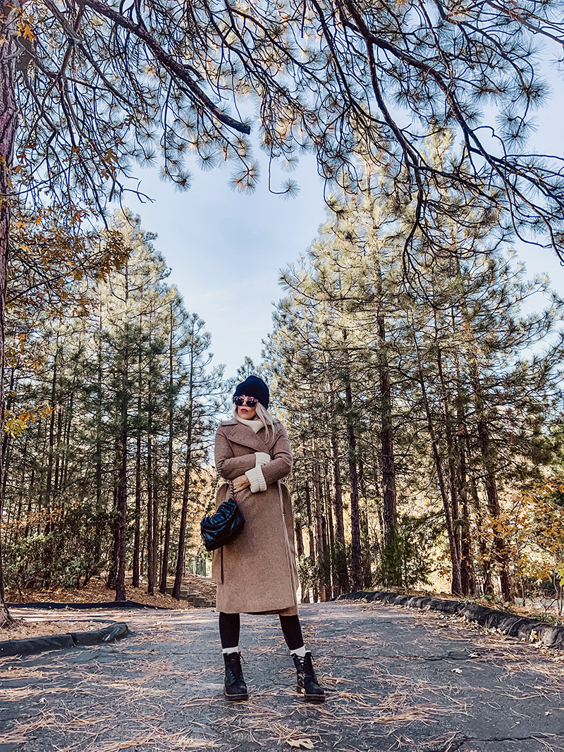 casual chic fall style in dressed up leggings look with long wool coat in neutral colors