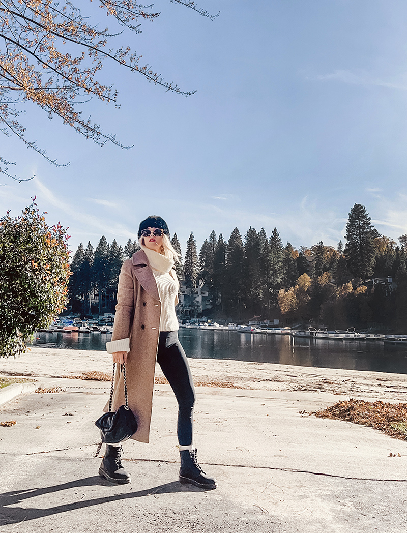 casual chic fall style in dressed up leggings look with long wool coat in neutral colors