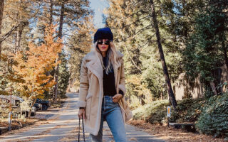 fall style over 40 on a tree lined street in lake arrowhead