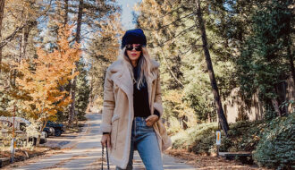 fall style over 40 on a tree lined street in lake arrowhead