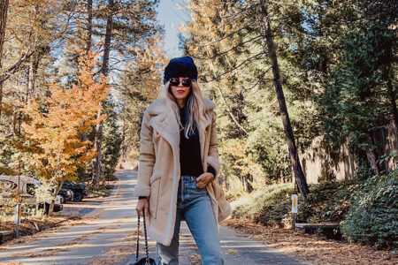 fall style over 40 on a tree lined street in lake arrowhead