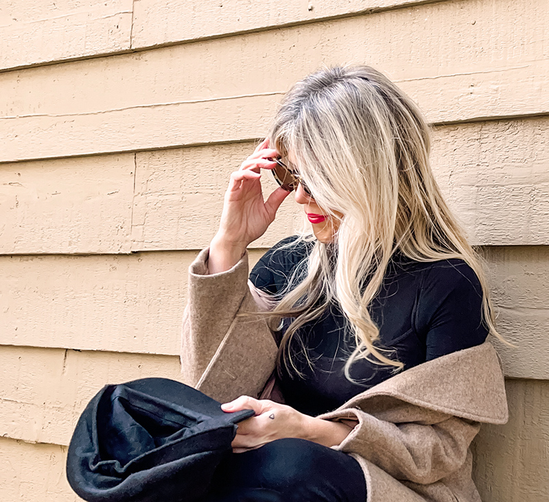 fall winter style, casual dressed up, dress with chunky loafers, long sleeve tea length slip dress with loafers and long wool coat and red bag