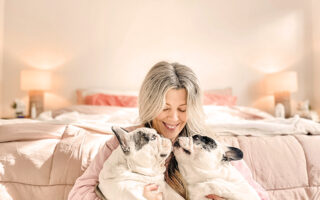 heart brain coherence Awaken Heart & Brain Connection, blonde woman in bedroom holding french bulldogs, meditation, wellness