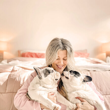 heart brain coherence Awaken Heart & Brain Connection, blonde woman in bedroom holding french bulldogs, meditation, wellness