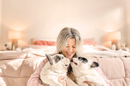 heart brain coherence Awaken Heart & Brain Connection, blonde woman in bedroom holding french bulldogs, meditation, wellness