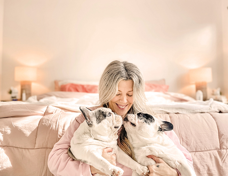 heart brain coherence Awaken Heart & Brain Connection, blonde woman in bedroom holding french bulldogs, meditation, wellness