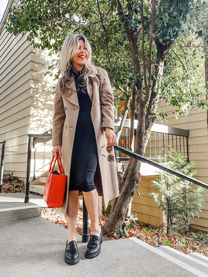 fall winter style, casual dressed up, dress with chunky loafers, long sleeve tea length slip dress with loafers and long wool coat and red bag