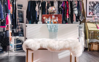 how to create a closet room-love maegan vintage closet room-god racks-ikea dressers as islands-gold bench