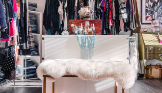 how to create a closet room-love maegan vintage closet room-god racks-ikea dressers as islands-gold bench