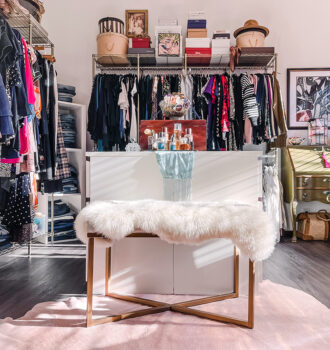 how to create a closet room-love maegan vintage closet room-god racks-ikea dressers as islands-gold bench