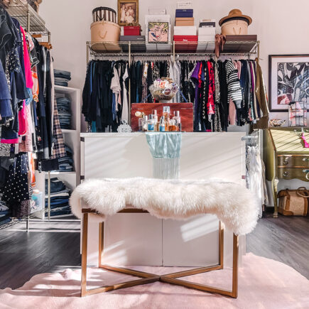 how to create a closet room-love maegan vintage closet room-god racks-ikea dressers as islands-gold bench