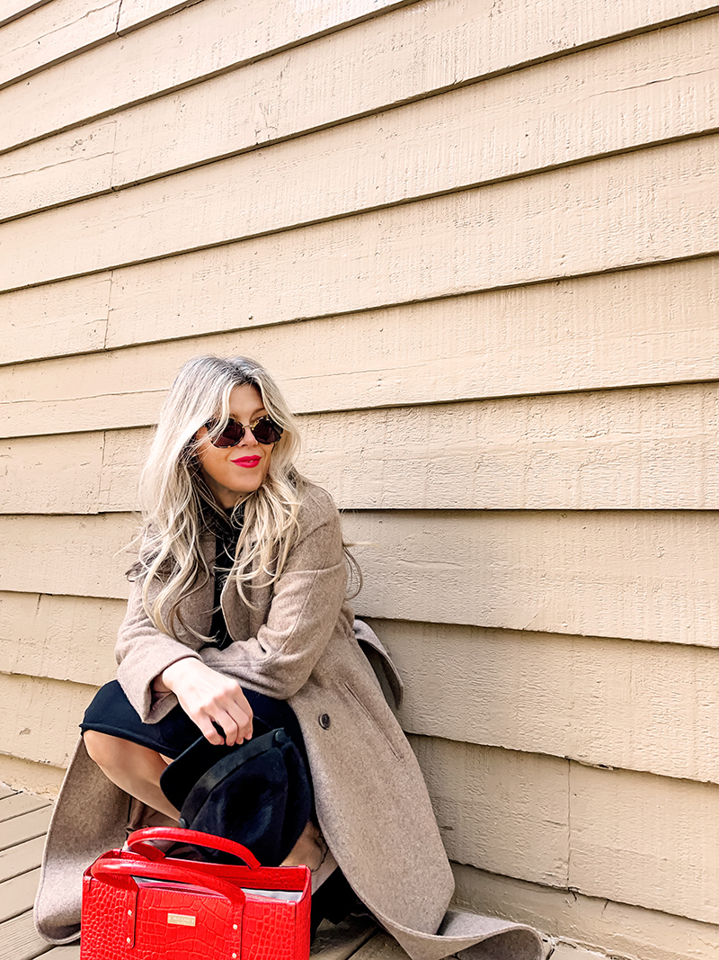 fall winter style, casual dressed up, dress with chunky loafers, long sleeve tea length slip dress with loafers and long wool coat and red bag