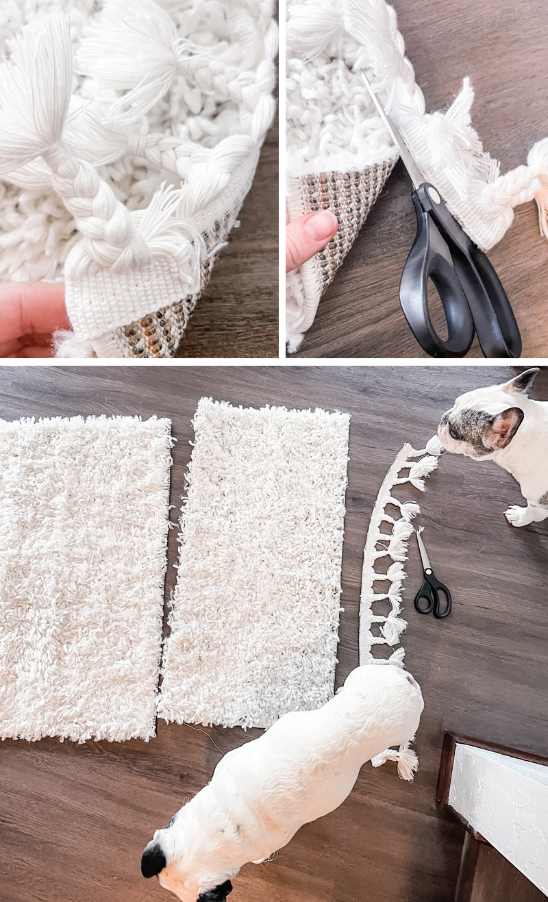 DIY Rug Hack, How to Shorten a Rug or Runner with Tassels for a bathroom or kitchen or entryway, home diys