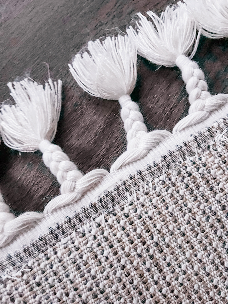 DIY Rug Hack, How to Shorten a Rug or Runner with Tassels for a bathroom or kitchen or entryway, home diys