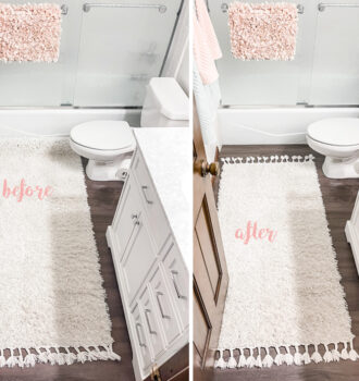 DIY rug runner hack-how to shorten a rug before after-small bathroom ideas