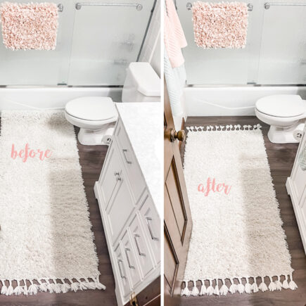 DIY rug runner hack-how to shorten a rug before after-small bathroom ideas