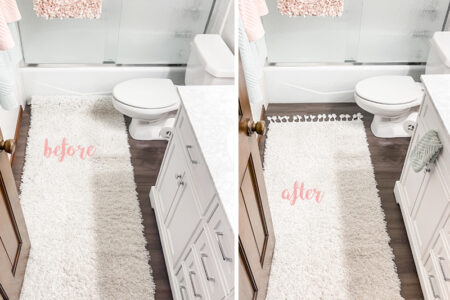 DIY rug runner hack-how to shorten a rug before after-small bathroom ideas