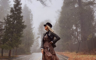 leopard dress-winter style-on a tree lined street style in the fog and rain