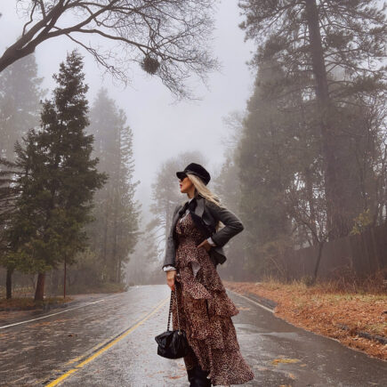 leopard dress-winter style-on a tree lined street style in the fog and rain