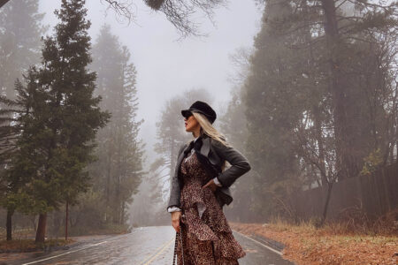 leopard dress-winter style-on a tree lined street style in the fog and rain