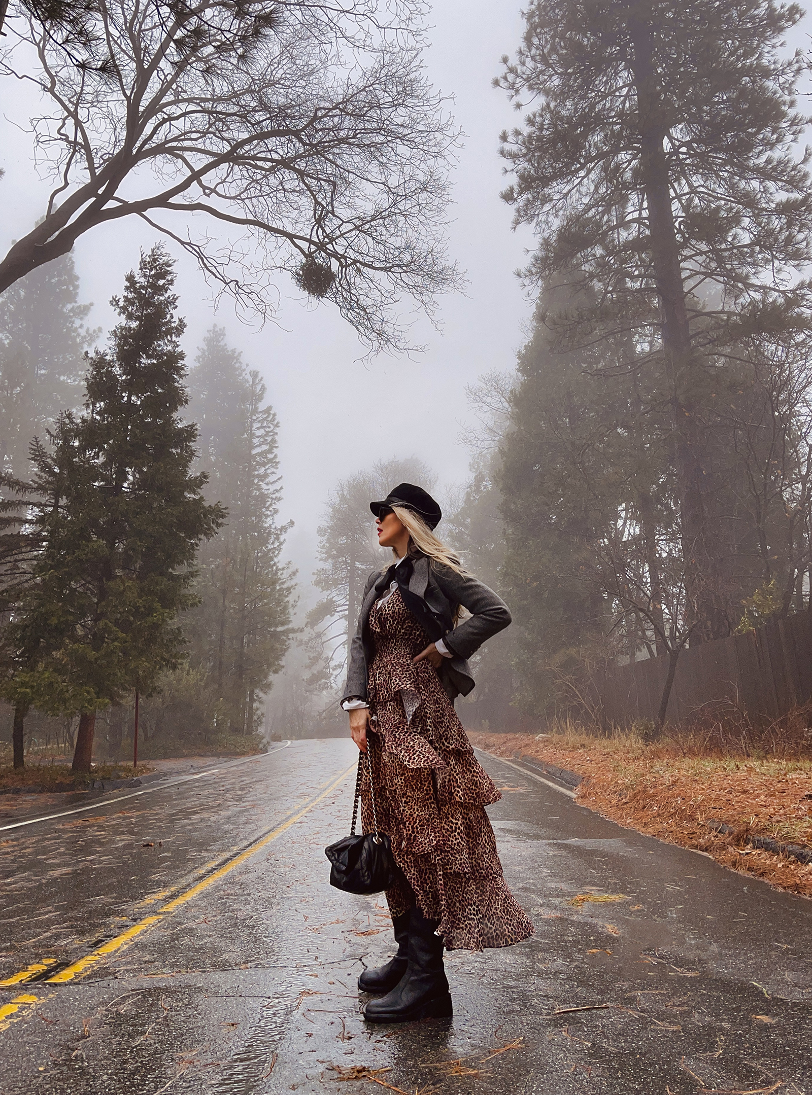 retro style-vintage blzer-blouse with black bow-black knee high boots-outfit in the rain-tall trees-fog