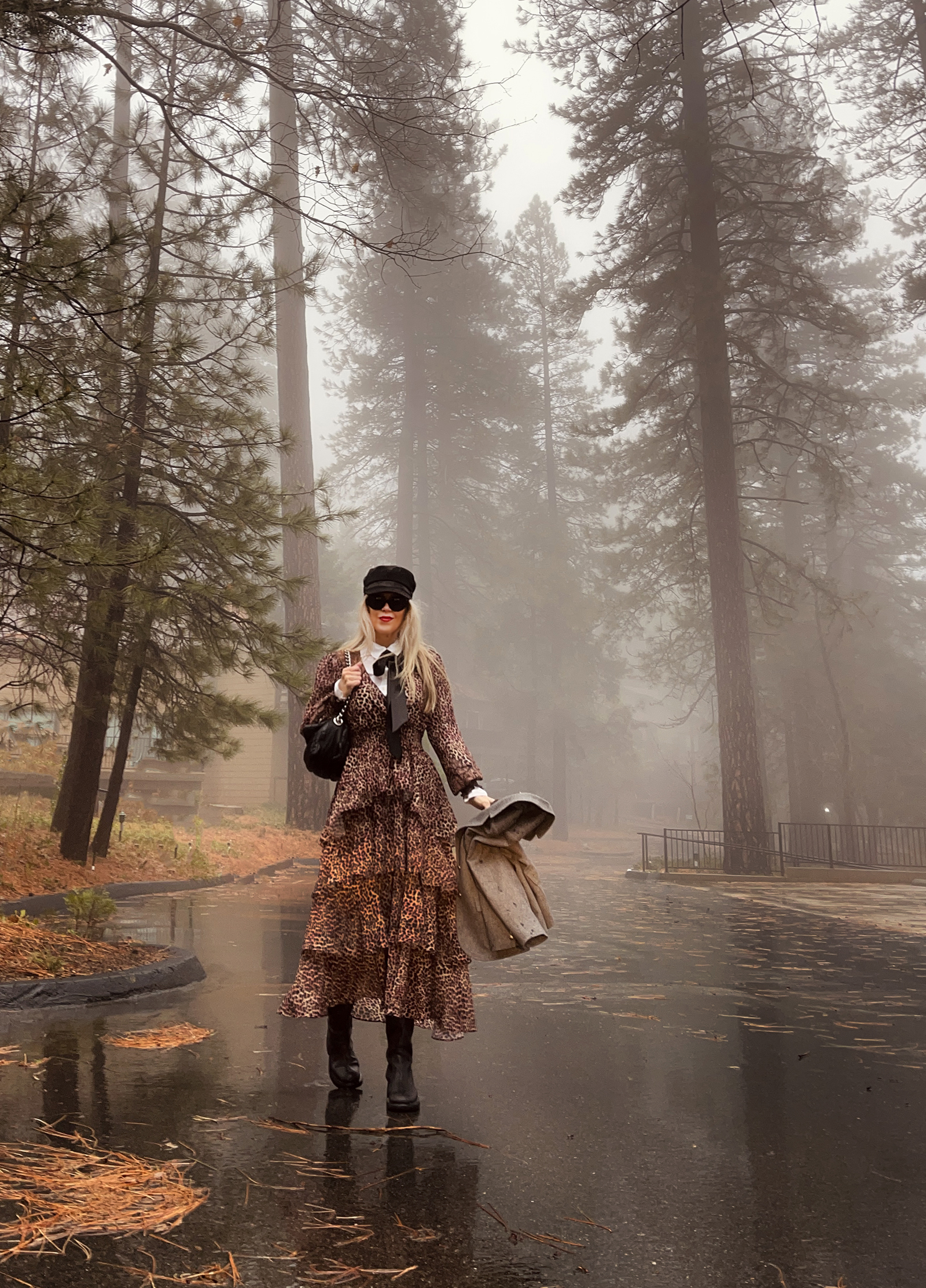 retro style-vintage blzer-blouse with black bow-black knee high boots-outfit in the rain-tall trees-fog