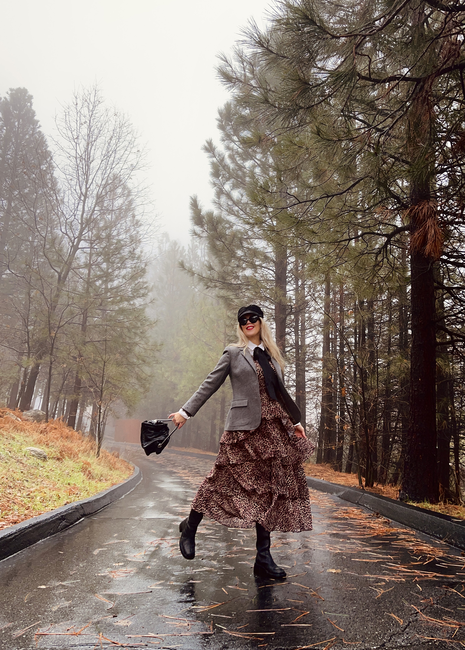 retro style-vintage blzer-blouse with black bow-black knee high boots-outfit in the rain-tall trees-fog