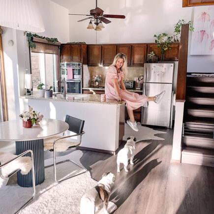 maegan sitting on kitchen counter with french bulldogs in townhouse