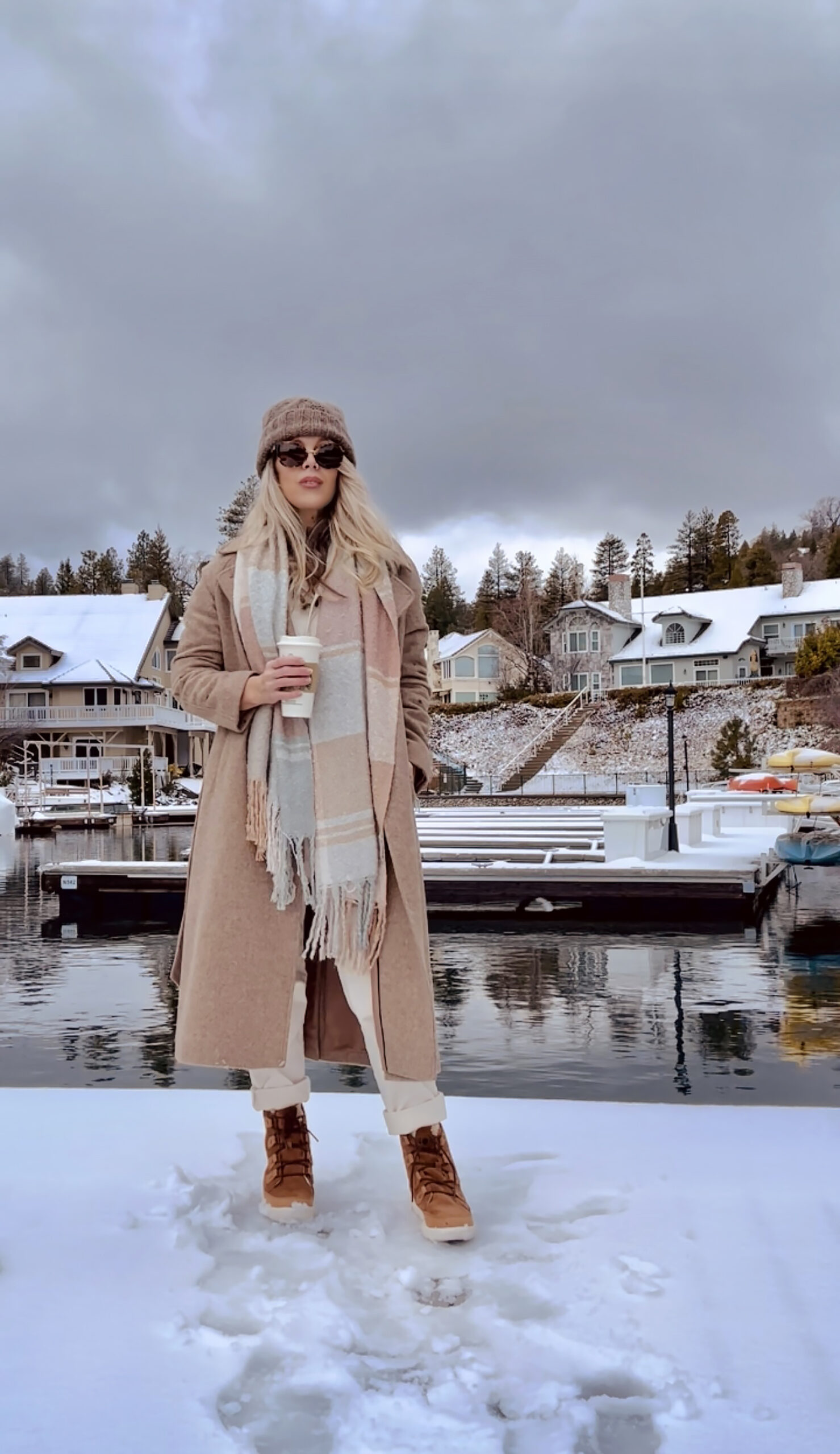 outfits in the snow, light hued monochromatic brown and tan look, style, winter style, snow day, lake arrowhead, on the lake, lake life, california mountains