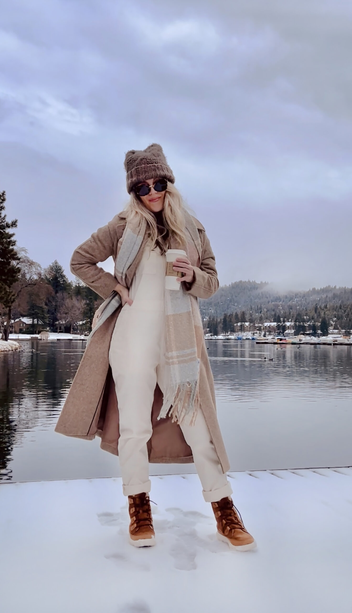 outfits in the snow, light hued monochromatic brown and tan look, style, winter style, snow day, lake arrowhead, on the lake, lake life, california mountains