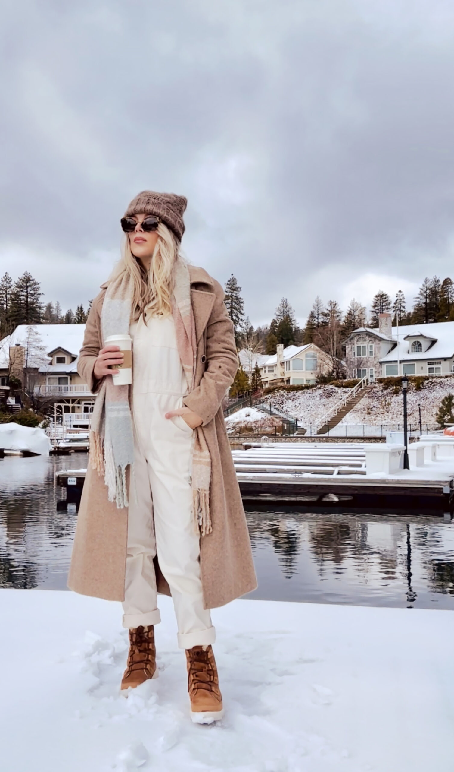 outfits in the snow, light hued monochromatic brown and tan look, style, winter style, snow day, lake arrowhead, on the lake, lake life, california mountains