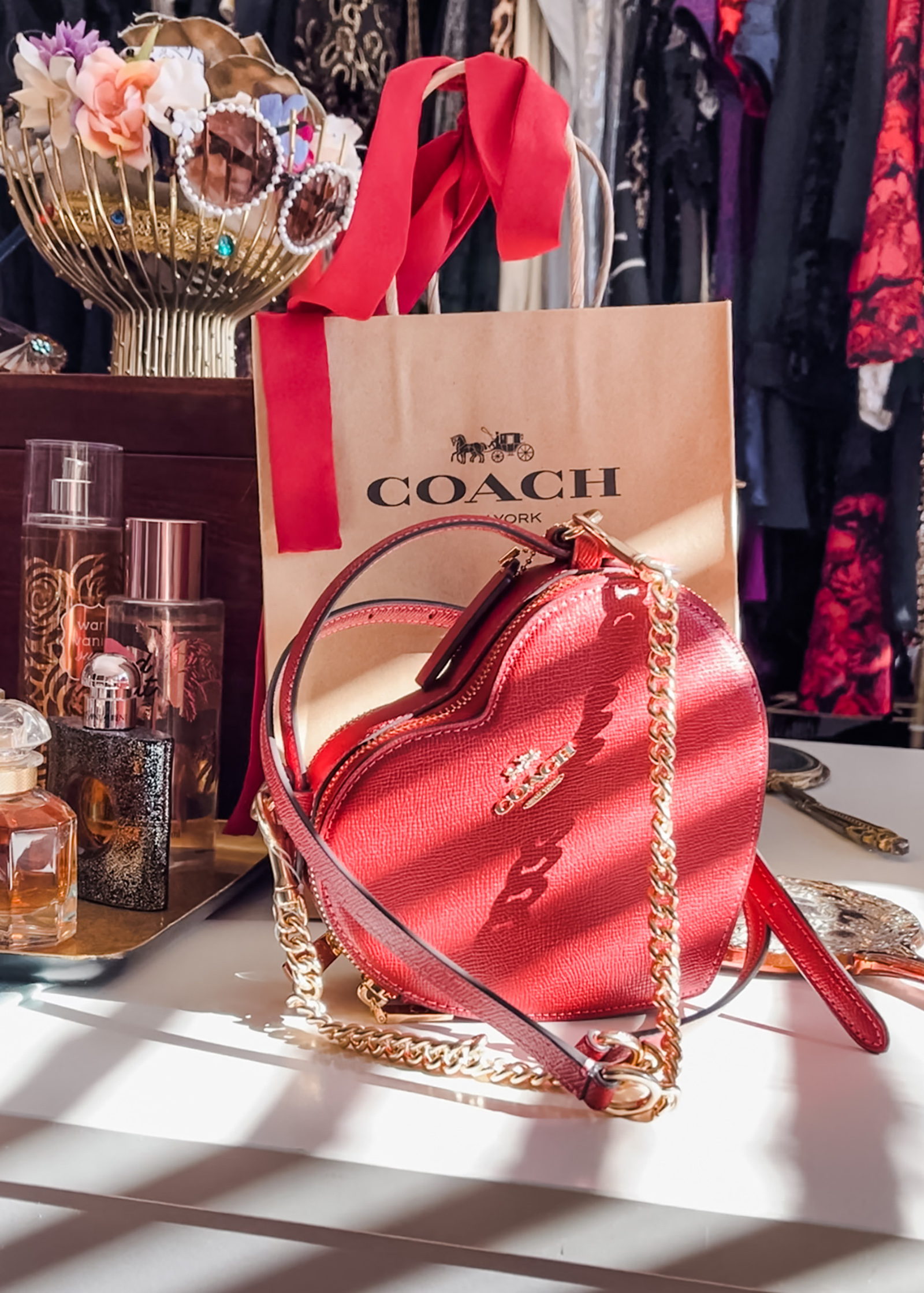 red heart shaped bag, coach bags, red bags, blog giveaways, instagram giveaways, red heart bag with gold chain, cross body bag, valentine's day bag, love bag, purses