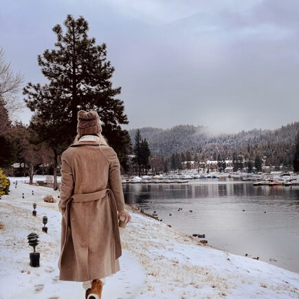 walking along the lake in the snow-lake arrowhead-long brown coat-ducks in the water-snow