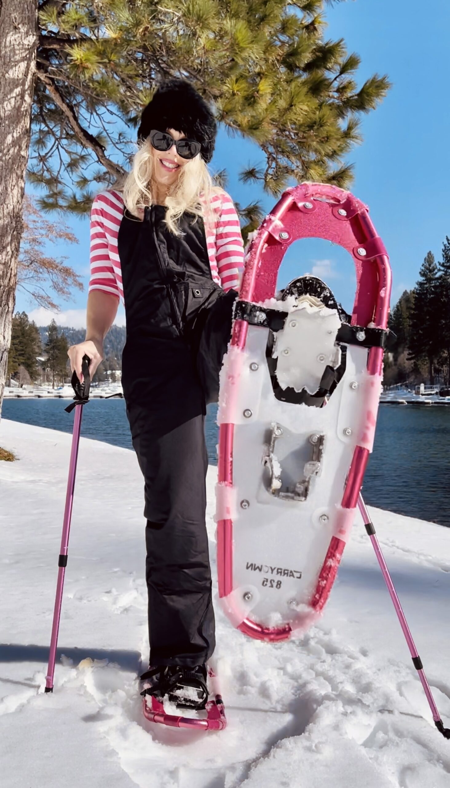 pink snowshoes, black sorel short boots, black and pink snow outfit, winter lake arrowhead