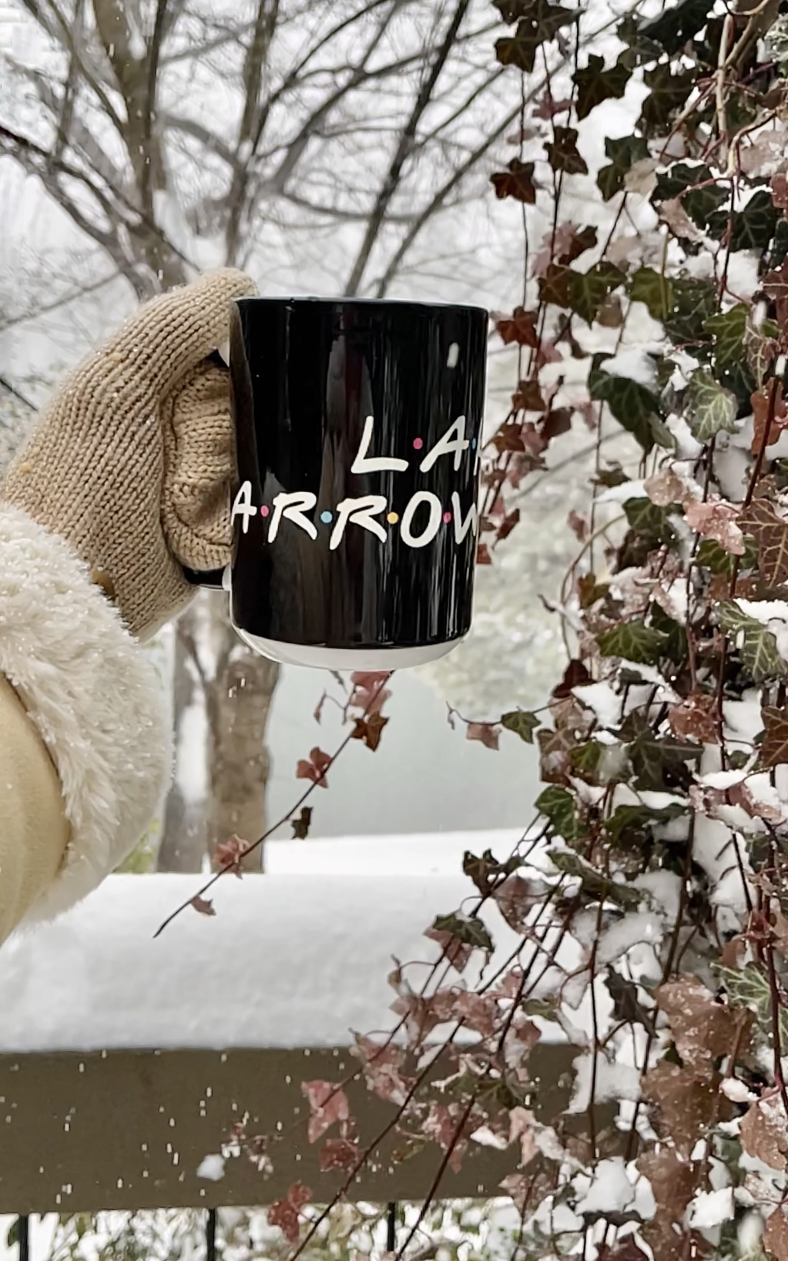 lake arrowhead coffee mug with FRIENDS logo font held up in the snow in front of the lake