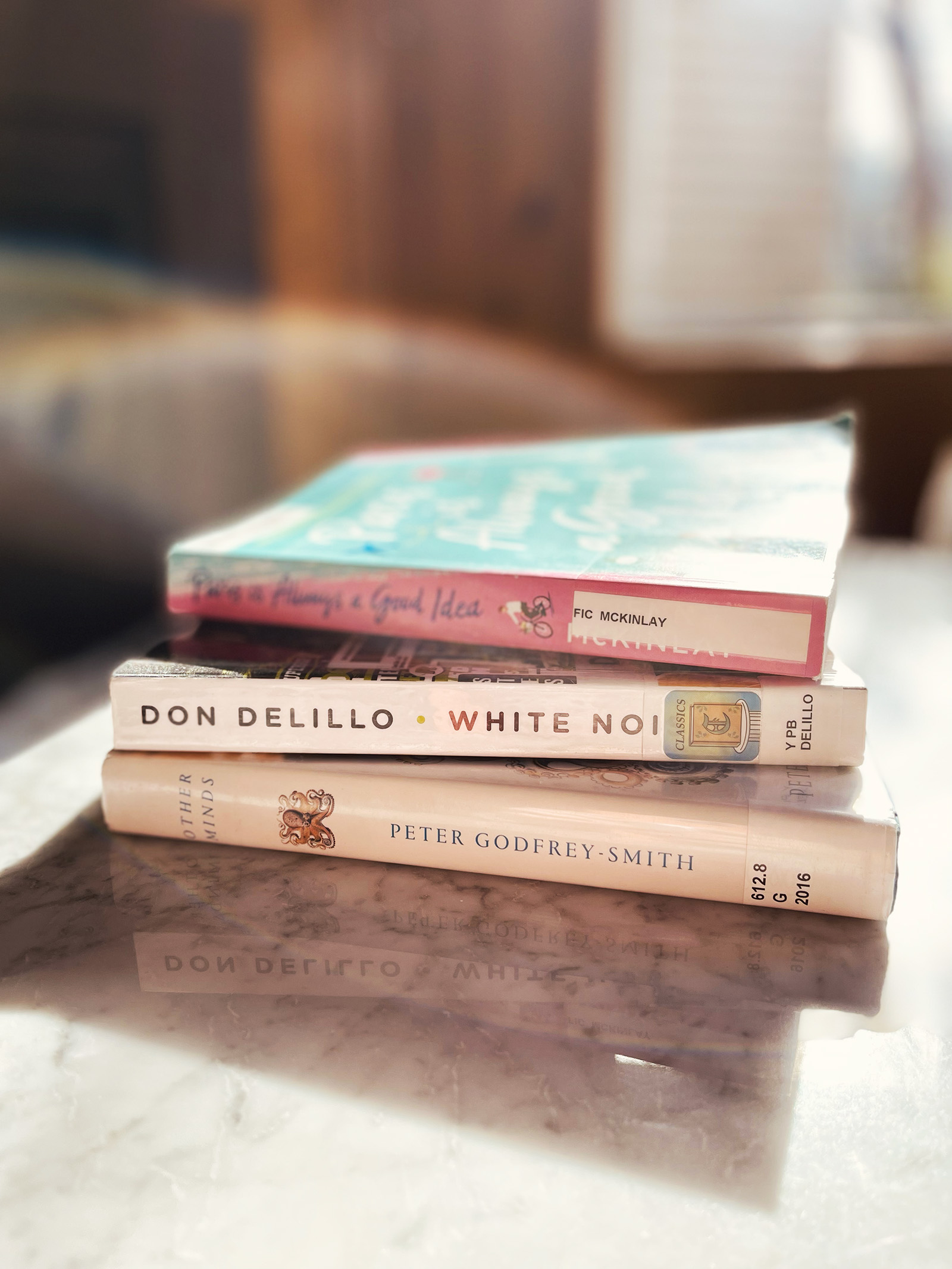 books stacked on a marble coffee table in a living room, WHITE NOISE book by Don DeLillo