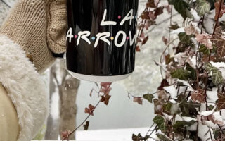 Lake Arrowhead Friends Font coffee mug in the snow