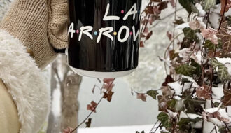 Lake Arrowhead Friends Font coffee mug in the snow