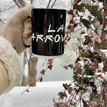 Lake Arrowhead Friends Font coffee mug in the snow